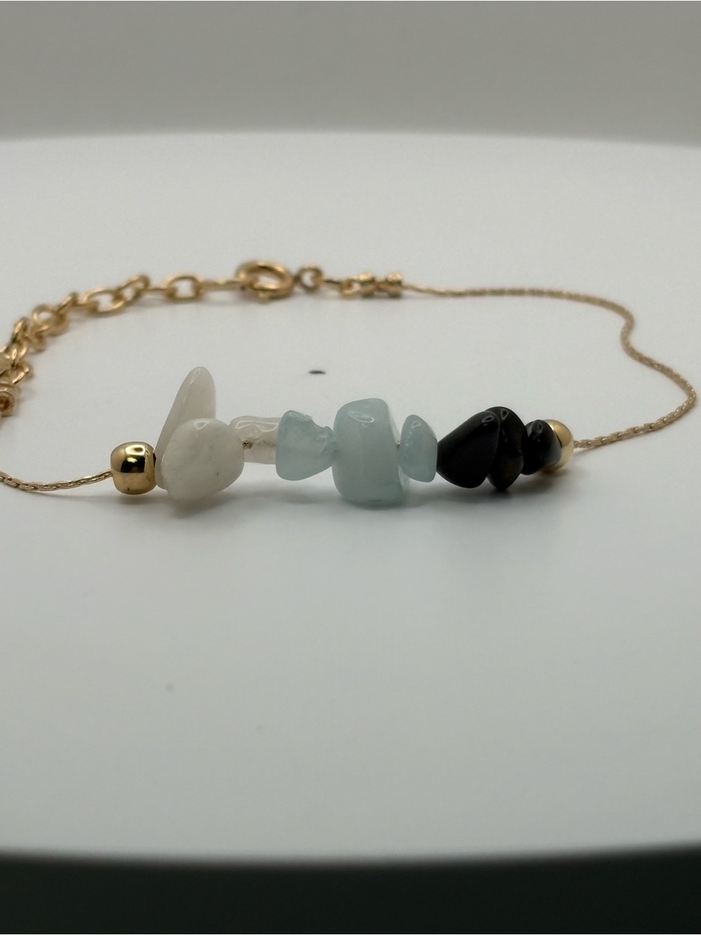Delicate Gold Chain Bracelet with White, Light Blue & Black Gemstone Chips